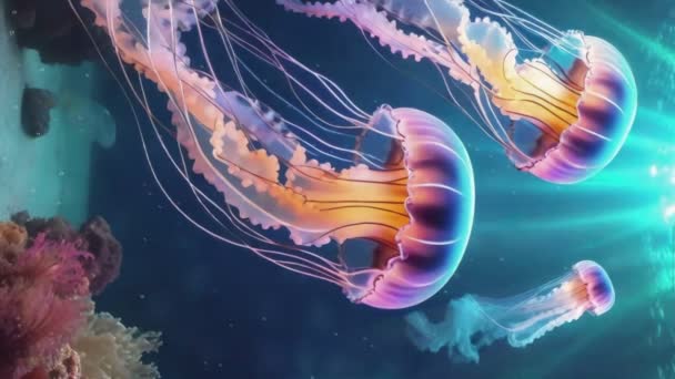 Närbild Vertikal Video Vackra Undervattensscen Med Fantastiska Färgglada Glödande Maneter — Stockvideo