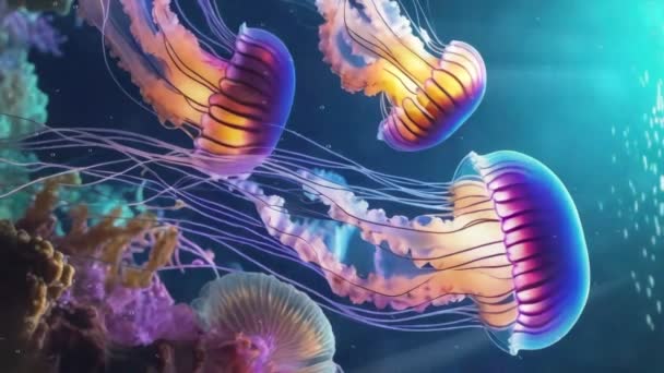 暗いターコイズの海水や熱帯水族館で素晴らしいカラフルな輝くクラゲが泳ぐ美しい水中シーンのクローズアップ垂直ショット アンダーシーバック3Dアニメーション — ストック動画