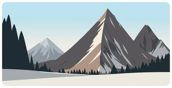 シンプルなフラットグラフィックベクター 冬の日には 鋭い三角形の雪山ピークとファイアツリーの森と抽象的な山の風景のイラスト スキーやハイキング観光のための漫画のスケッチコンセプト — ストックベクタ