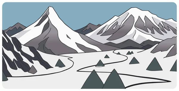 シンプルな平らなグラフィックベクター 冬の日には雪に覆われたピークとマウント範囲を持つ抽象的な雪山の風景のイラスト 登山やハイキングツーリズムのための漫画スケッチコンセプト — ストックベクタ