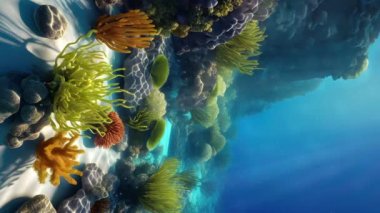Renkli deniz yosunları ve mercan resiflerindeki deniz şakayıklarının okyanus tabanında ya da tropikal akvaryumda olduğu güzel sualtı manzarası. Dikey sualtı arkaplanı 3 boyutlu canlandırma.