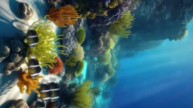 Okyanus tabanında ya da tropikal akvaryumdaki temiz turkuaz sularda mercan resiflerindeki renkli su bitkilerinin arasında palyaço balığı okulunun olduğu güzel bir sualtı sahnesi. Dikey sualtı arkaplanı 3 boyutlu canlandırma.