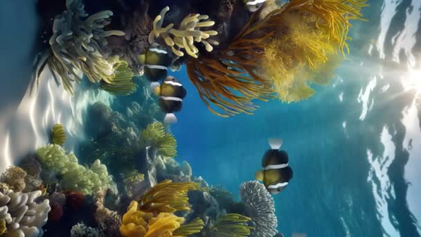 Вертикальний Знімок Підводних Сцен Школою Клоунів Серед Різнокольорових Морських Рослин — стокове відео