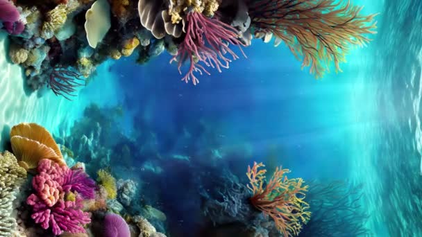 幻想中的水下场景 在海底碧绿海水或热带水族馆的珊瑚礁上 有五彩缤纷的海洋植物 海藻和海葵 垂直海底背景3D动画 — 图库视频影像