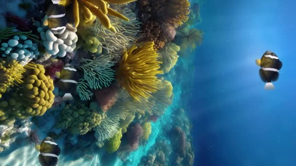 在海底或水族馆热带珊瑚礁上的五颜六色的海洋植物海草和海葵中 与小丑鱼群在水下垂直拍摄的场景 海底背景3D动画 — 图库视频影像
