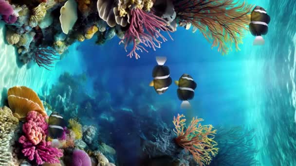 Фантазія Підводних Сцен Школою Тропічної Риби Серед Барвистих Водних Рослин — стокове відео