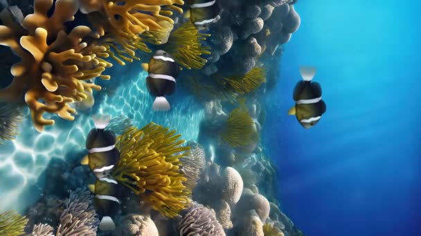 Närbild Vertikal Skott Undervattensscen Med Clownfish Skola Bland Färgglada Marina — Stockvideo