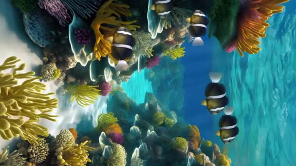 Вертикальне Відео Підводного Фону Школою Тропічної Риби Серед Барвистих Водних — стокове відео