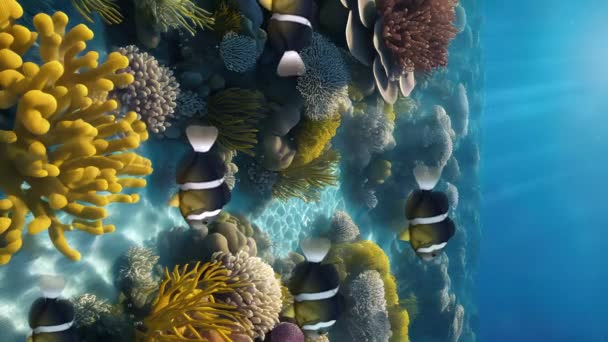 Zamknij Podwodną Scenę Szkołą Clownfish Wśród Kolorowych Roślin Wodnych Tropikalnej — Wideo stockowe