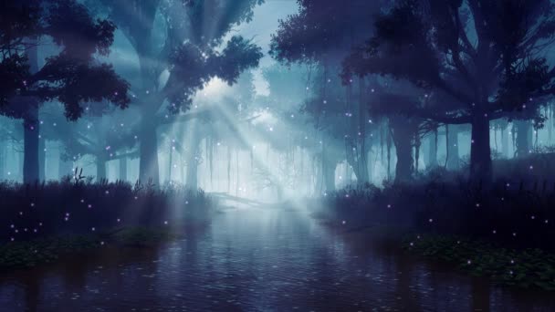 Geheimnisvolle Waldlandschaft Mit Magischen Übernatürlichen Glühwürmchenlichtern Über Dem Ruhigen Waldfluss — Stockvideo