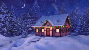 Karla kaplı, yarı keresteli, Xmas için dekore edilmiş kır evi. Kış köknar ormanları arasında Noel ışıklarıyla aydınlatılmış. Gece vakti kar altında, yarım ay ışığı altında. İnsansız 3D animasyonsuz.