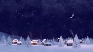 Karlı bir gecede kar yağarken Avrupa 'nın karlı köyünü kaplayan huzurlu kırsal bölge yarım ay ile kaplı. Noel ya da yeni yıl arkaplanı için kopyalanmış üç boyutlu animasyon olmadan.