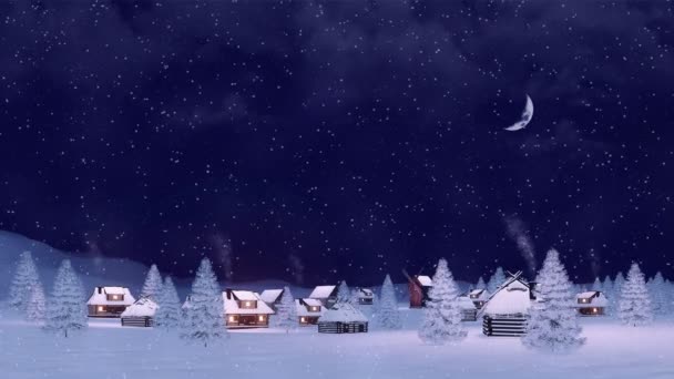 静かな冬の田舎風景と居心地の良い雪で覆われたヨーロッパの村は 半月の暗い夜空の下で雪に覆われました コピースペースを持つクリスマスや新年の背景のための3Dアニメーションなし — ストック動画