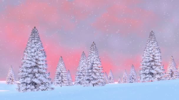 雪に覆われた木の森の平和な冬の風景は 豪雪の夜明けの朝の空の下で雪に覆われました 人々が4Kでレンダリングされた自然な背景3Dアニメーションを獲得することはありません — ストック動画