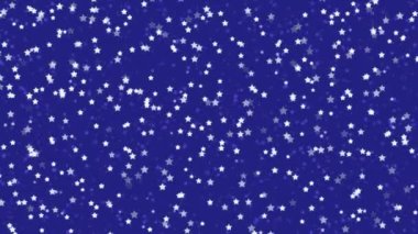 Canlandırılmış beyaz yıldız şekilli konfeti konfetileri koyu mavi arka planda yanıp sönüyor. Noel veya Yeni Yıl tatili için dekoratif video animasyonu.