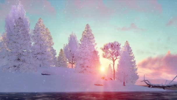 雪に覆われた森と凍った川の下の平和な冬の風景は 雪に輝く日没や日の出と共に輝いています 誰も4Kでレンダリングされた自然な背景3Dアニメーションを獲得できません — ストック動画
