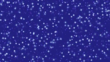 Animasyon beyaz yıldız şeklindeki ışıldayan parçacıklar koyu mavi arka planda parlayan soyut festival kış arkaplanı. Noel veya Yeni Yıl tatili için dekoratif video animasyonu.
