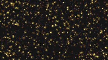 Animasyon altın yıldız şeklindeki soyut hareketli arka plan konfetileri parıldatıyor ve siyah fon üzerinde yanıp sönüyor. Noel veya Yeni Yıl tatili için dekoratif animasyon.
