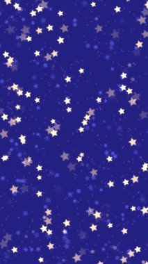 Canlandırılmış parlak yıldız şekilli konfeti konfetileri koyu mavi arka planda yanıp sönen soyut festival arkaplanı. Noel veya Yeni Yıl tatili için dekoratif dikey video animasyonu.