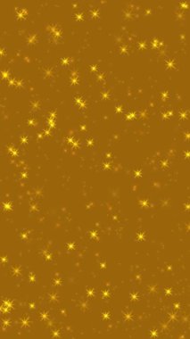 Canlandırılmış parlak altın yıldız şeklindeki soyut şenlikli dikey arka plan konfetileri parıldatıyor ve altın kahverengi fon üzerinde parıldıyor. Doğum günü veya Noel için dekoratif video animasyonu.