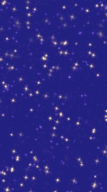Canlandırılmış parlak yıldız şekilli soyut şenlik arkaplanı koyu mavi arka planda parlayan ve ışıldayan parçacıklar. Noel veya Yeni Yıl tatili için dekoratif dikey video animasyonu.