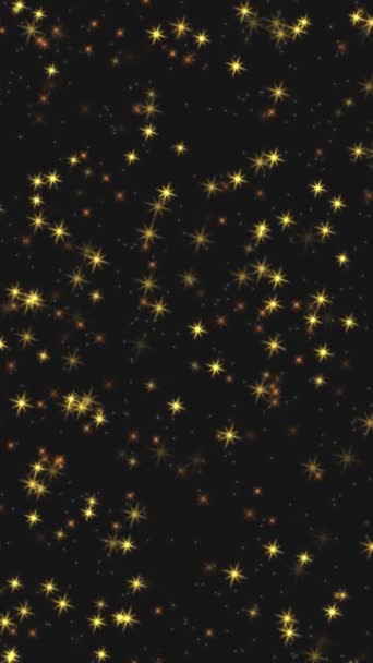アニメーションの光沢のある黄金の星の形の輝きが黒い背景に美しい光り輝く抽象的なお祝いの動きの背景 クリスマスや新年の休日のための装飾的な垂直ビデオアニメーション — ストック動画