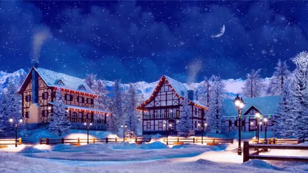 Άνετο Χιονισμένο Ευρωπαϊκό Χιονοδρομικό Κέντρο Της Πόλης Υψηλό Χιονισμένα Αλπικά — Αρχείο Βίντεο