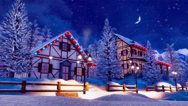 Klidná Vánoční Noc Alpské Vesnici Vysoko Zasněžených Horách Útulnými Polodřevěnými — Stock video