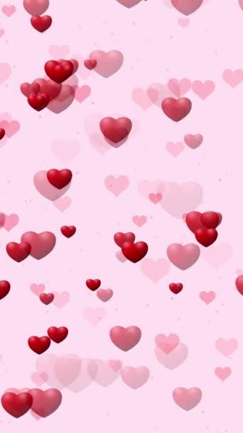 柔らかいピンクの背景に脈動するアニメーション赤い心臓の形状の粒子を持つ抽象的なロマンスの垂直動きの背景 ロマンチックな愛のパーティーやバレンタインデーのための装飾的なお祝いのビデオアニメーション — ストック動画