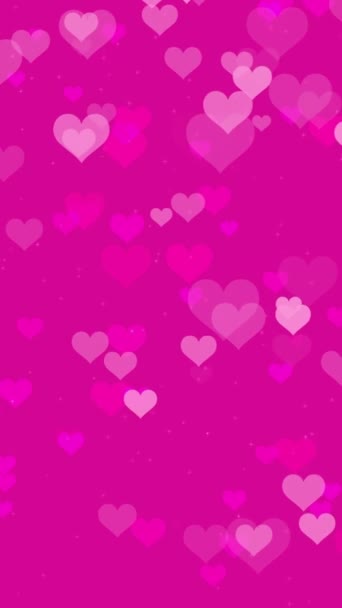 鮮やかなピンクの背景に脈動するアニメーションのハート型の粒子を備えた抽象的なロマンチックな垂直動きの背景 ロマンチックな愛のパーティーやバレンタインデーのためのエレガントなお祝いのビデオアニメーション — ストック動画