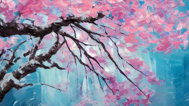 Cinematisk Parallax Frodig Blomstrende Orientalsk Rosa Sakura Kirsebærtregrenen Full Blomst – stockvideo