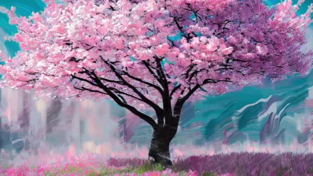 Kinowa Animacja Paralaksy Wiosennego Krajobrazu Bujnym Kwitnącym Różowym Drzewem Wiśniowym — Wideo stockowe