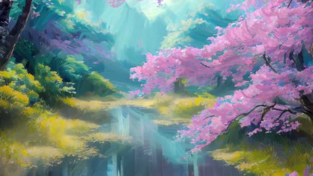 Kinematografická Paralaxní Animace Malebné Jarní Krajiny Růžovým Sakura Třešňovníkem Plném — Stock video