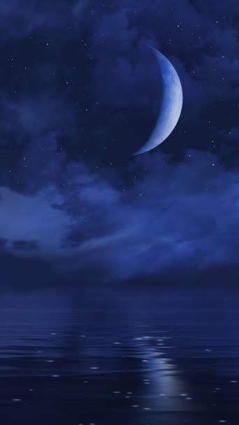 Videoclip Vertical Cerul Nopții Întunecat Deasupra Oceanului Calm Jumătate Lună — Videoclip de stoc