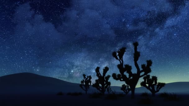 暗いジョシュアの木のパームシルエットで砂漠の風景ミルキーウェイ銀河で幻想的な星空に対して 4Kでレンダリングされた自然な背景3Dアニメーションなし — ストック動画