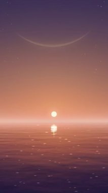 Bulutsuz gece gökyüzünün dikey görüntüsü inanılmaz büyük ay ve yükselen güneş sakin okyanusun ayna su yüzeyine yansıyor. Rüya gibi deniz manzaralı doğal arka plan 3 boyutlu animasyon.