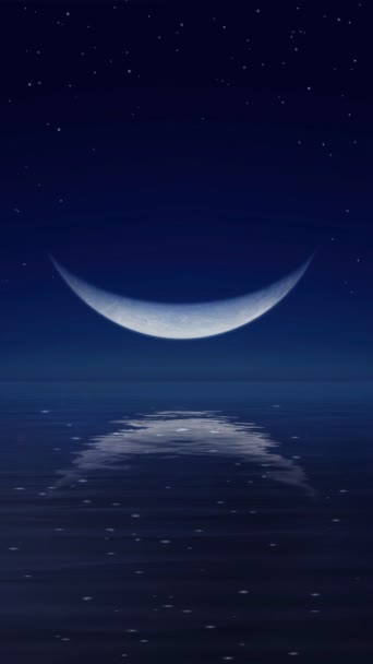 暗く澄んだ星空の夜空の異常な幻想的な大きな半月の垂直撮影は 穏やかな海の鏡の水面に反映されています 夢のような平和な海景の自然な背景3Dアニメーション — ストック動画