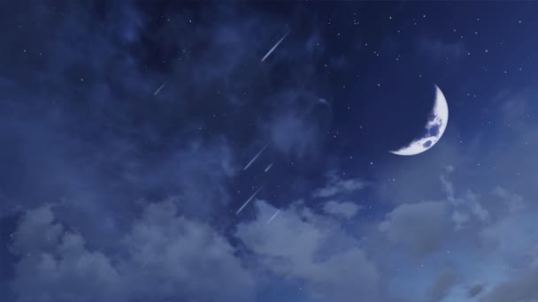 Traumhaft Sternenklarer Nachthimmel Mit Fantastisch Großem Halbmond Und Sternschnuppen Meteorschauer — Stockvideo