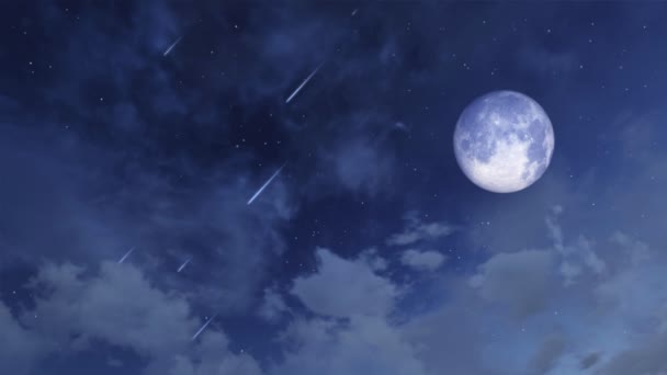 환상적인 풀월과 부드러운 사이에 떨어지는 샤워와 빛나는 밤하늘 마법의 애니메이션 — 비디오