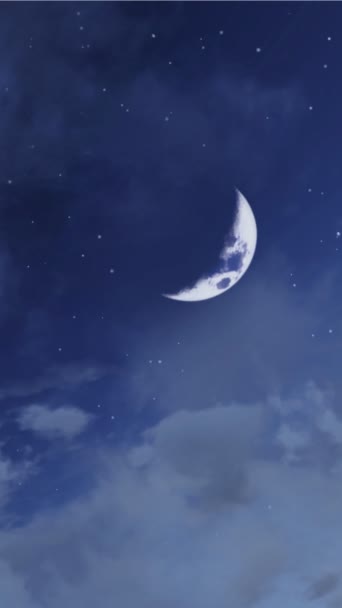 垂直拍摄的梦幻般的星空 在蓬松的云彩中 有着奇异的大半月形 浪漫的夜晚自然背景与复制空间3D动画 — 图库视频影像