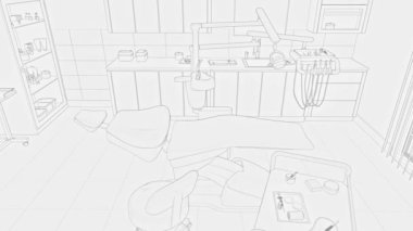 Boş dişçi muayenehanesinin çizimi, diş hekimliği bölümü, rahat sandalye ve modern ekipmanlar. Diş Hekimliği Cerrahi Odası - siyah beyaz çizgi resim animasyonu.