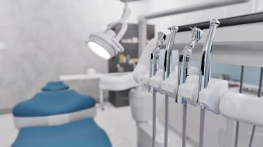 Modern diş aletlerinin ve aletlerin parlak, temiz dişçi muayenehanesinin içi boş. Minimalist dişçilik ameliyathanesi. Hiç insan olmadan 4K içinde 3D animasyon oluşturuldu