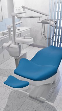 Bright dentist clinic office interior with empty dental unit - comfortable chair and modern medical equipment. With no people dentistry operating surgery room 3D illustration from my 3D rendering.