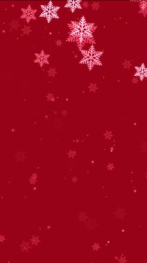 Canlandırılmış kar taneleri çerçevesi ve kırmızı arka planda kopyalanmış kıvılcım parçacıkları ile soyut bir festival arkaplanı. Noel veya Yeni Yıl için dekoratif dikey video animasyonu.