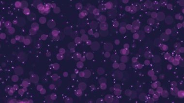 Canlandırılmış dairesel şekilli bokeh parçacıklarının soyut hareketli arka planı ve koyu mor arkaplanda parlayan pembe parlak kıvılcımlar. Doğum günü partisi ya da Noel tatili için dekoratif video animasyonu.