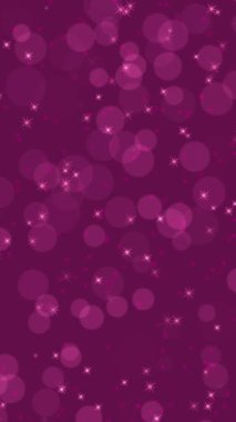 Soyut şenlik arkaplanı pembe dairesel şekilli bokeh parçacıkları ve mor arkaplanda parlayan kıvılcımlar. Doğum günü partisi ya da Noel kutlaması için dekoratif dikey video animasyonu.