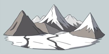 Flat graphic vector sketch of abstract snowy mountain landscape with part of mount range area contains foothills and snowcapped peaks. Simple cartoon design element for hiking tourism concept. clipart