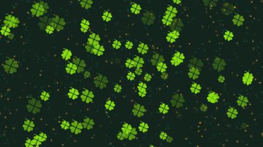 Animasyon yeşil dört yapraklı yonca yaprakları ve siyah zemin üzerinde parlak altın kıvılcım parçacıkları olan soyut bir festival videosu. Aziz Patrick Günü için dekoratif Kelt animasyonu.