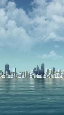 Modern yüksek binaların gökdelenlerinin bulunduğu soyut kıyı kentlerinin dikey videosu ve açık mavi bulutlu gökyüzüne karşı körfezin ya da gölün sakin ayna su yüzeyi. İnsanların 3 boyutlu animasyon kavramı yok.