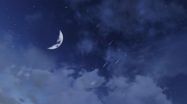 Fevkalade bir yarım ay ve düşen yıldızlarla dolu, tüylü kümülüs bulutları arasında yıldızlı bir gece gibi hayal et. Sihirli gece bulutlu cennet doğal arka plan, 3 boyutlu animasyon.